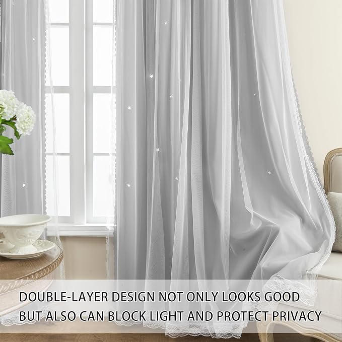 XiDi Grey Curtains for Bedroom Living Room 90 Inches Long 2 Panels Thermal Insulated Kids Curtain Hollow-Out Star Window Nursery Curtains Boys Grommet Modern Window Treatments Light Grey W34 x L90