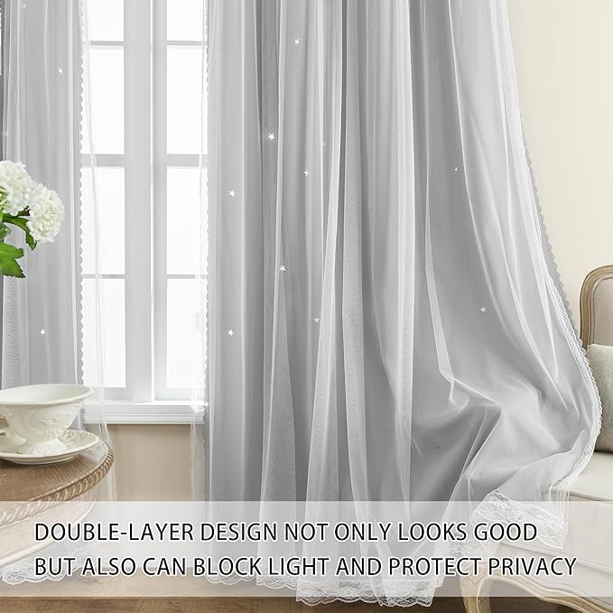 XiDi Grey Curtains for Modern Bedroom Living Room 96 Inches Long 2 Panels Thermal Insulated Kids Curtain Hollow-Out Star Window Nursery Curtains Boys Grommet Window Treatments Light Grey W34 x L96