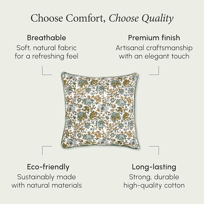 CPC 100% Cotton Throw Pillow Covers 18x18 Inch, Set of 2 Blue Block Print Pattern Couch Pillow, Cute Boho Decorative Pillows for Living Room, Bedroom with Hidden Zipper- Harvest Bloom