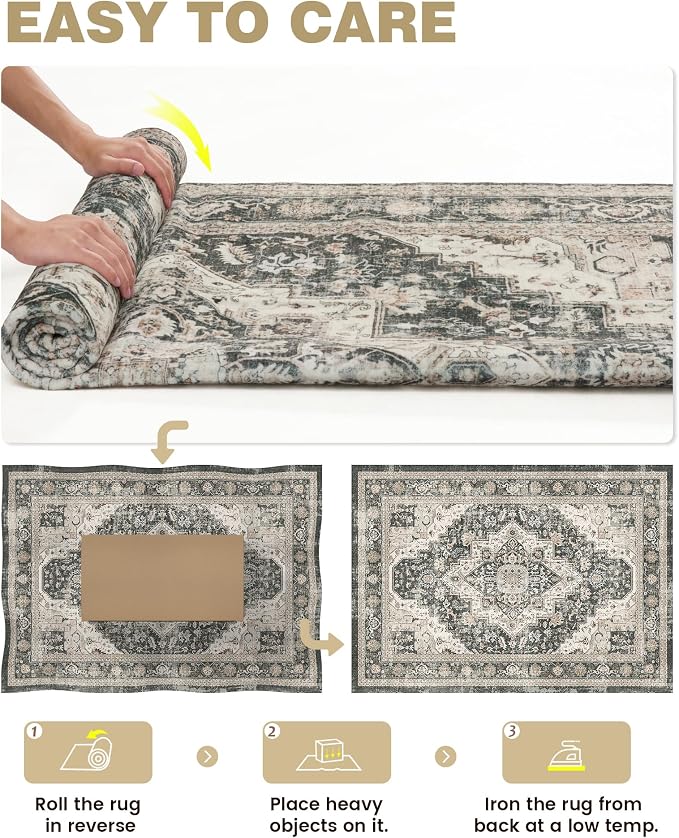 Roxstand 2x3 Washable Entryway Area Rug, Black/Beige | Low-Pile Carpet, Non-slip Backing, Stain Resistant, Rug for Kitchen, Laundry Room, Entryway, Vintage Design