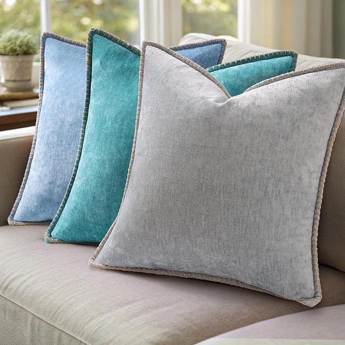 decorUhome Soft Chenille Throw Pillow Covers 22x22 Set of 2 Neutral Gray | Fall Textured Decorative Throw Pillow Cases Stitched Edge Modern Farmhouse Luxury Boho Velvet for Couch Sofa Bed Home Decor