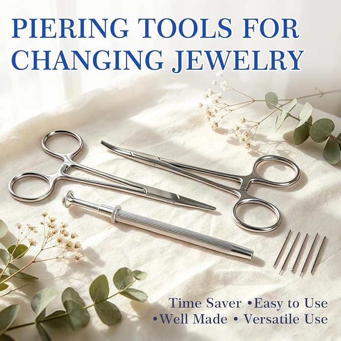 ONESING 2Pcs Piercing Ball Grabber Tool for Changing Jewelry, Stianless Steel Flat Back Earring Applicator Internally Threaded Push Pin Piercing Grabber Tool, Anti Slip 4 Claw Gem Ball Grabber Tool