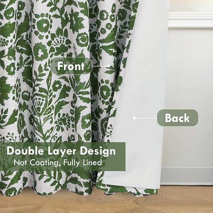 DriftAway Julia 100% Blackout Curtains Grommet 2 Panels, W52xL96, Green | Floral Curtains, Bedroom, Living Room, Linen Blend, Watercolor Pattern, 2 Layers, Thermal Insulated, Window Treatment