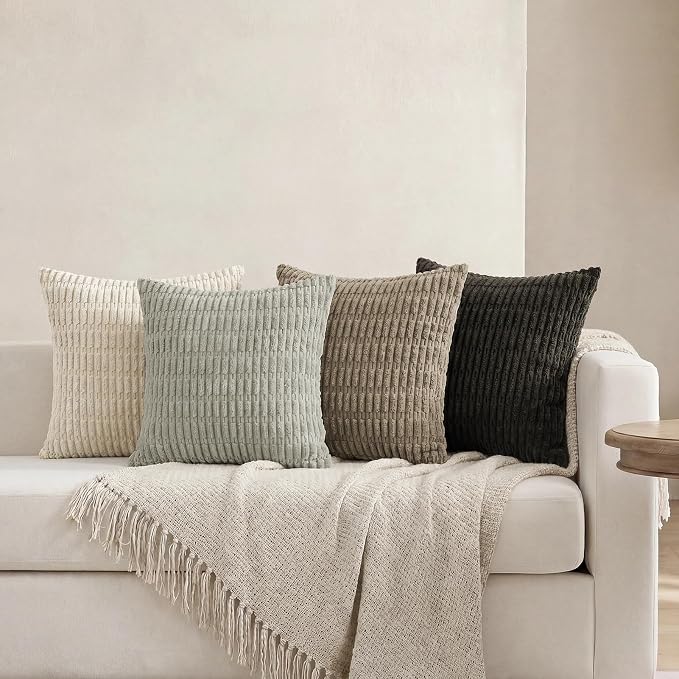 Softalker Throw Pillow Covers 16x16 Inch, Set of 4, Corduroy Soft Striped Farmhouse Boho Pillow Cover, Modern Decorative Cushion Pillow Case for Couch Sofa Bedroom Living Room, Grey/Brown