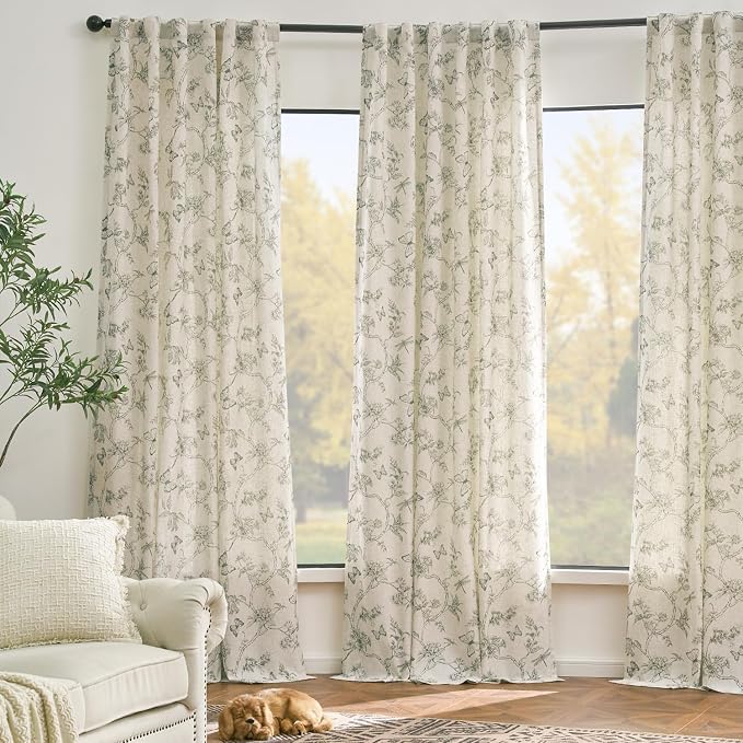 Lazzzy Charlotte Farmhouse Lined Linen Gray Floral Curtains 96 Inch Length Back Tab Drapes for Living Room Bedroom Light Filtering Country Vintage Rod Pocket, 2 Panels, Grey on Beige