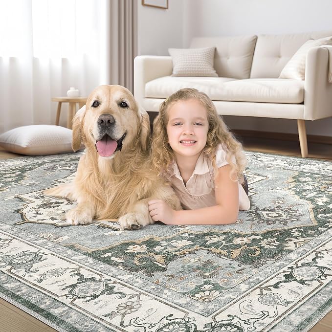 9x12 Washable Area Rug: Vintage Neutral Soft Non Slip Thin Large Floor Carpet for Living Room Bedroom Kitchen Dining Room Home Office Farmhouse Indoor - Green