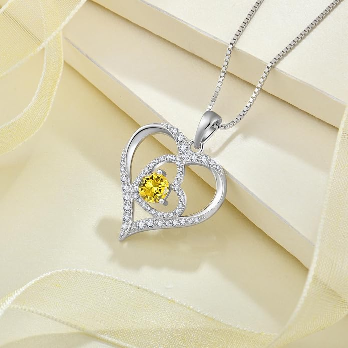 Love Heart Necklace for Women 925 Sterling Silver Birthstone Pendant Necklace Dainty Jewelry for Women Wife Mother Christmas Birthday Mother's Day Gift