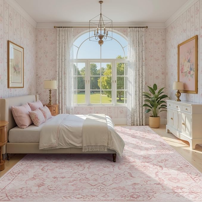 Pink Area Rugs 5x8 for Living Room, Washable Vintage Rugs for Bedroom, Light Pink Throw, Non Slip Carpet for Bedroom Dining Nursery