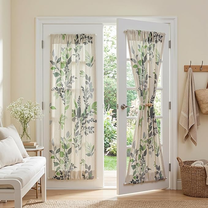 MYSKY HOME Floral Linen French Door Curtains 72 inch Long 2 Panels for Front Door Light Filtering Privacy Semi Sheer Window Curtains with Rod Pocket, Green, 24" W Each Panel
