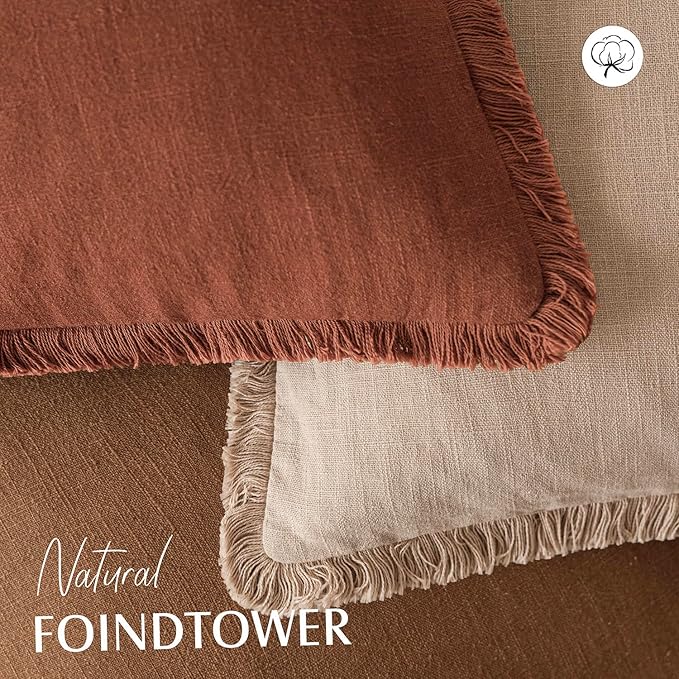 Foindtower Set of 2 Decorative Linen Fringe Lumbar Throw Pillow Covers Farmhouse Cushion Cover with Tassels Accent Pillowcase for Couch Sofa Bed Living Room Home Decor,12×20 Inch,Autumn Rust Orange