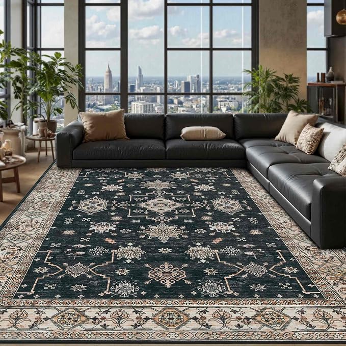 Rugxara Black 8x10 Area Rugs for Living Room Bedroom Large Washable Rug | Non Slip, Rug for Dining Room Office Kids Room, Stain Resistant, Soft, Low Pile, Vintage Boho Retro Carpet,Home Decor