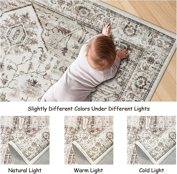 Roxstand 5x7 Washable Area Rugs, Non Slip Living Room Rug Brown | Low Pile Vintage Rug, Stain Resistant, Non-Shedding Design, Pet & Kid Friendly, Carpet for Bedroom, Dining Room Office