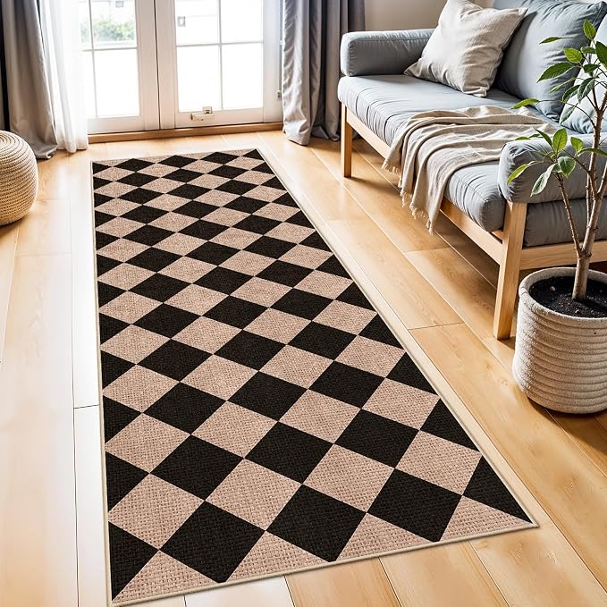 2x6 Jute Woven Runner Rug: Non Slip Backing Diamond Pattern Easy Clean Mats | Washable Thin Indoor Rugs Hallway Kitchen High Traffic Areas Farmhouse Home Decor Durable Flat-Weave Carpet (Black/Brown,2x6)