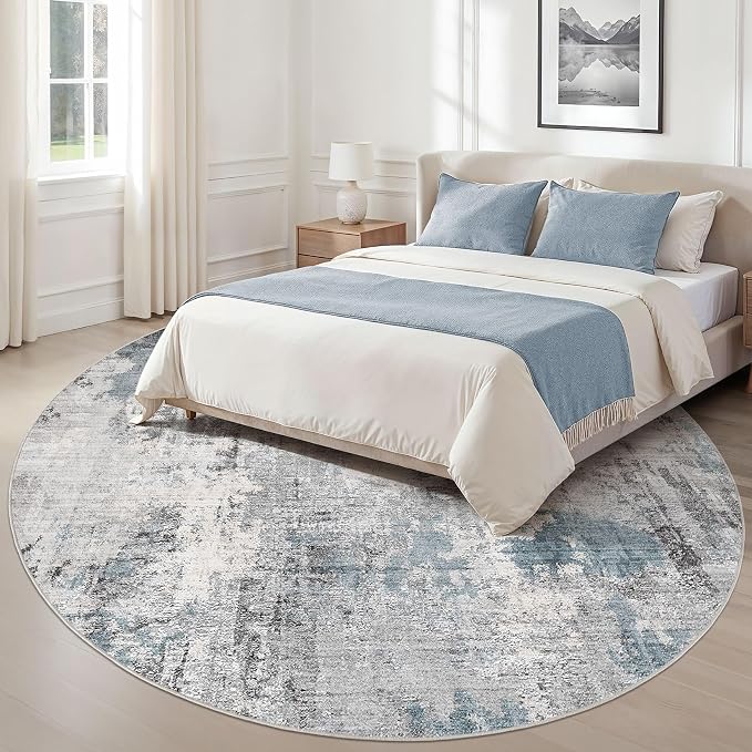 Abstract 8FT Round Rug: Machine Washable Non Slip Ultra Thin Low-Pile Carpet, Soft Stain Resistant for Living Dining Room Bedroom, Kid Pet Friendly, Robot Vacuum Compatible - Grey Blue