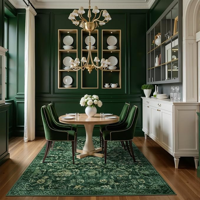 Dark Green Vintage Area Rug 3x5 for Living Room Bedroom, Washable Distressed Farmhouse Soft Thin Non-Shedding Indoor Throw Rug, Traditional Accent Carpet for Bedroom Office