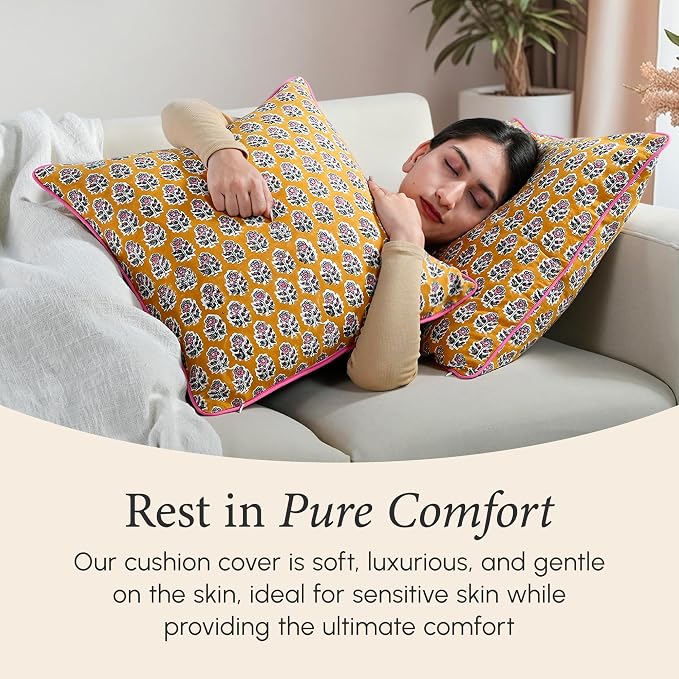 CPC 100% Cotton Throw Pillow Covers 16X16 Yellow Block Print Pattern Couch Pillow, Cute Boho Decorative Pillows for Living Room, Bedroom with Hidden Zipper- Yellow Citrine
