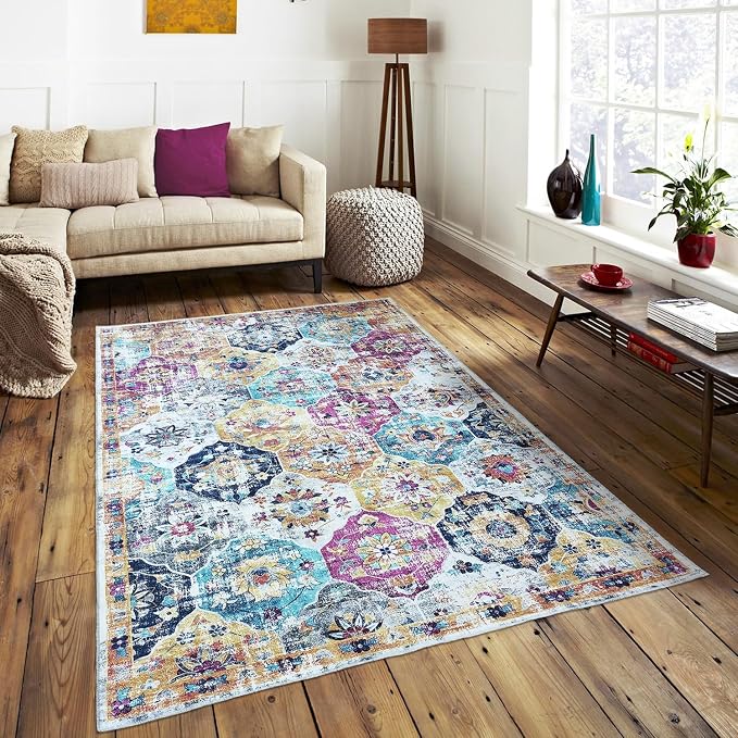 Mandala - Indoor Area Rugs 8x10 Washable, Stain Resistant Machine Washable Rugs for Living Room, Bedroom, and Modern House Décor - Durable Polyester Material, Colorful Patterned - Multi Color