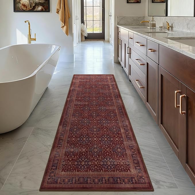Amber Red 2x6 Kitchen Runner Rugs Non Skid Washable, Earth Tone Vintage Distressed Carpet Runners for Hallways 6ft, Luxurious Boho Floral Trellis Runner Bedroom/Bathroom/Entryway/Laundry Room