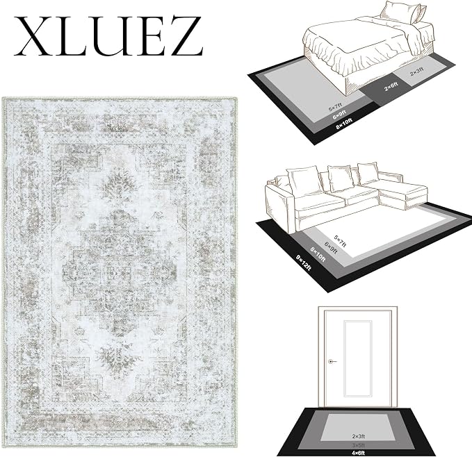XLUEZ Area Rug 8x10 Living Room Rug, Machine Washable Vintage Distressed Medallion Rug Non-Slip Soft Low Pile Large Indoor Rugs for Bedroom Kitchen Dining Room Office(Taupe,8'x10')