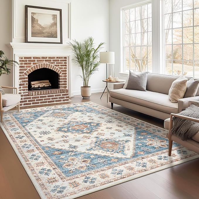 Roxstand 5x7 Washable Area Rugs, Non Slip Living Room Rug Blue/Beige | Low Pile Vintage Rug, Stain Resistant, Non-Shedding Design, Pet & Kid Friendly, Carpet for Bedroom, Dining Room Office