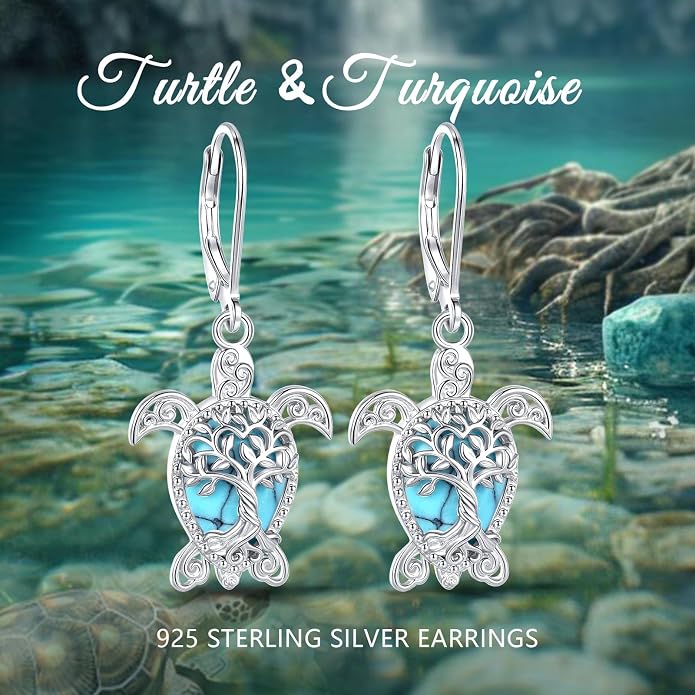 Vito 925 Sterling Silver Teardrop Earrings for Women, Moonstone Turquoise Drop Dangle Earrings Cat Snake Turtle Tree of Life Leverback Earrings Boho Jewelry Gift for Mom Wife