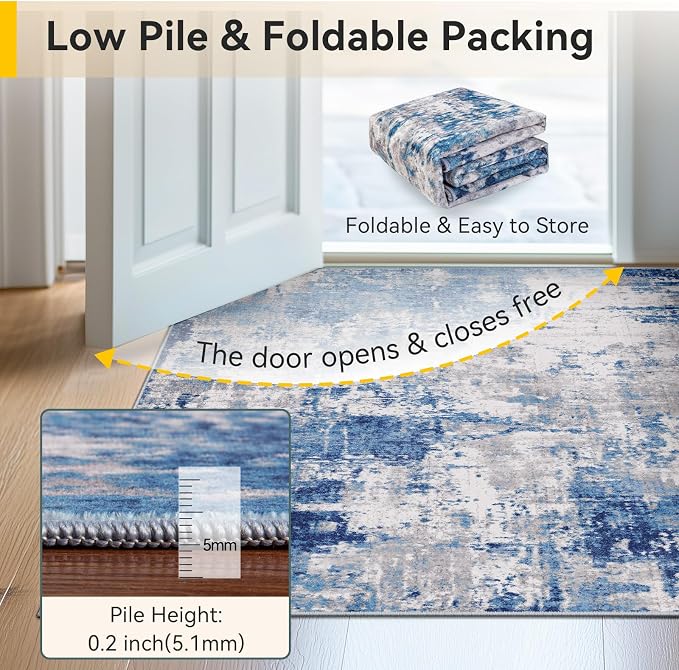 RELEANY Washable Area Rugs 4ft Non-Slip Modern Abstract Soft for Living Room Entryway Bedroom Kitchen, Print Pattern, Blue Grey Navy Gray