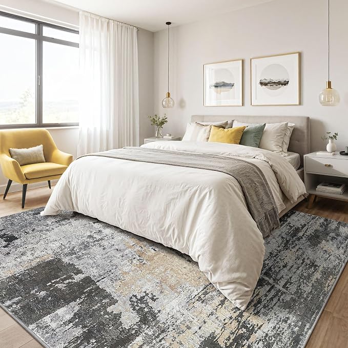 7x10 Area Rug Living Room: Washable Large Abstract Modern Soft Rug Stain Resistant Indoor Floor Non Slip Accent Carpet for Bedroom Nursery Playroom Dining Room Office Dorm Home House- Black Gold
