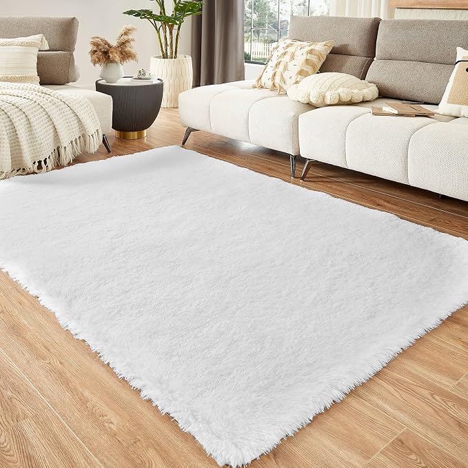 Floralux Bedroom Rug 9x12, Large White Shag Rugs for Living Room, Soft Fluffy Large Area Rug, Non-Slip Plush Modern Floor Carpet for Nursery, Dorm Home Decor Aesthetic