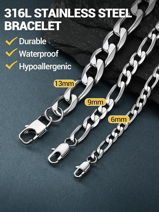 PROSTEEL Silver/Gold/Black Bracelets for Men Figaro Cuban Link, 6mm-13mm Width, 7.5"/8.3"/9" Length, Stainless Steel Mens Bracelet Jewelry with Gift Box