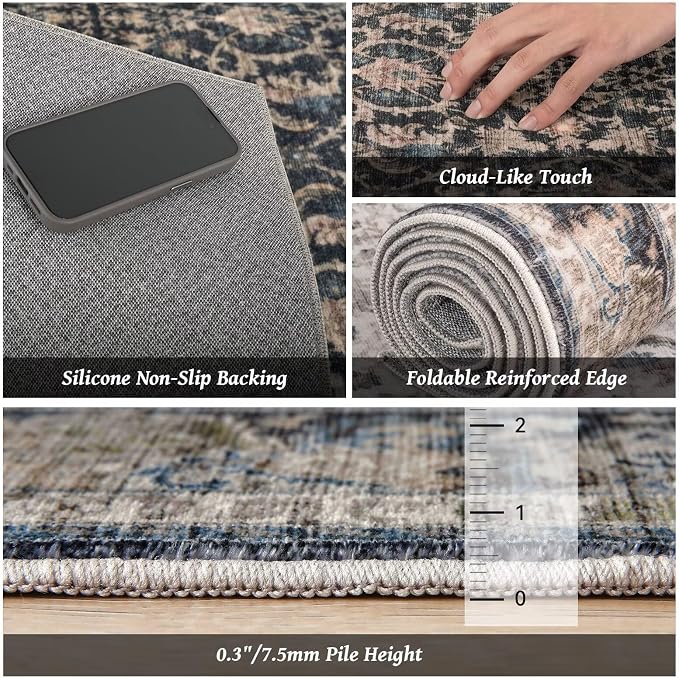 Washable 2x3 Entryway Rug, Boho Vintage Non-Slip Door Mat, Black/Navy Blue | 0.3" Neutral Throw Small Rugs for Bedroom Kitchen Nursery Entrance, Cushioned for High-traffic Area
