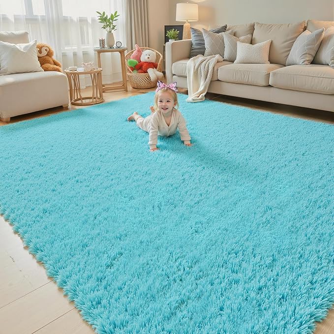 Area Rugs 10x14 Living Room, Shaggy Carpet Soft Plush Furry Bedside Rug Large Area Rugs for Bedroom Home Decor Anti Slip(10 x 14, Teal Blue)