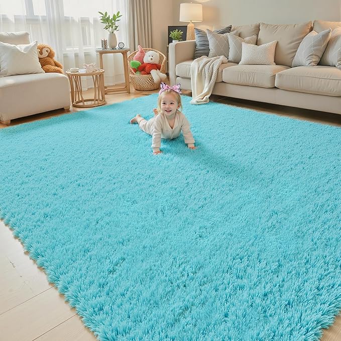 Area Rugs 9x12 Living Room, Large Area Rug Shaggy Carpet Soft Plush Furry Bedside Rug, Machine Washable Area Rugs for Bedroom Home Decor Non-Slip(9 x 12, Teal Blue)