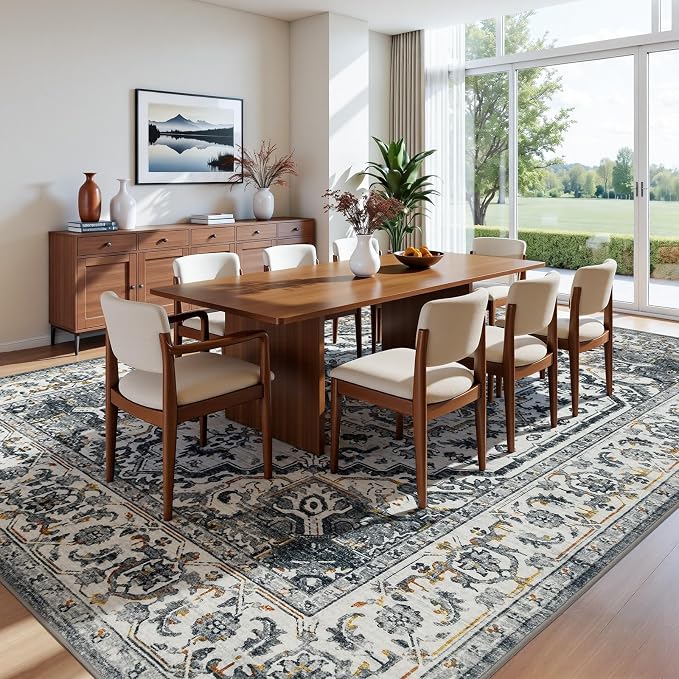 Joydeco 8x10 Area Rugs for Living Room, Non Slip Machine Washable Vintage Rug, Low Pile Thin Chenille Print Rugs for Bedroom, Dining Room, Pet & Child Friendly, Home Office, White&Light Gray&Dark Gray