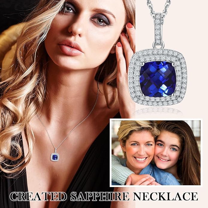 Birthstone Necklace for Women 925 Sterling Silver Cushion/Pear Cut Created Gemstone Halo Pendant Necklace Birthstone Jewelry