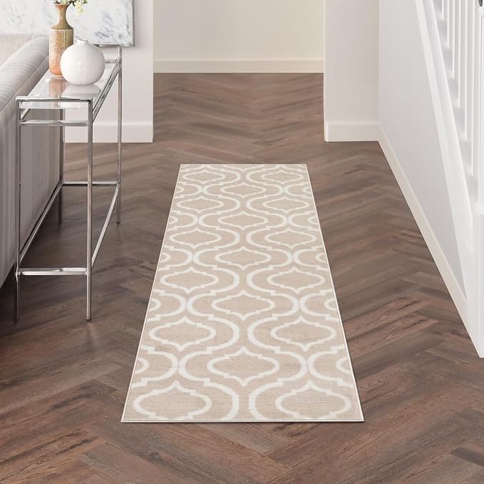Nourison Home Jubilant Trellis Beige 2'3" x 7'3" Area -Rug, Easy -Cleaning, Non Shedding, Bed Room, Living Room, Dining Room, Kitchen (2x7)