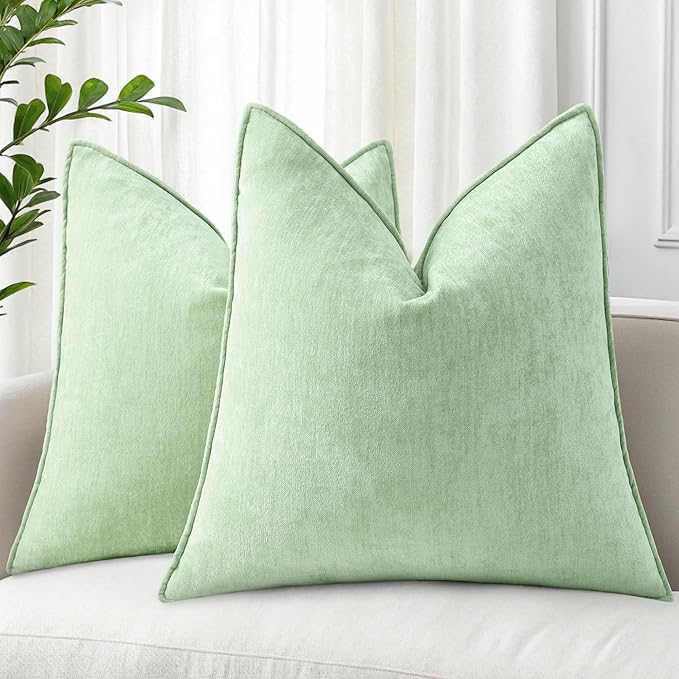 decorUhome Chenille Sage Green Velvet Throw Pillow Covers 20x20 Set of 2 | Fall Soft Couch Decorative Modern Farmhouse Pillow Cases with Elegant Design for Sofa Bed Living Room Home Decor