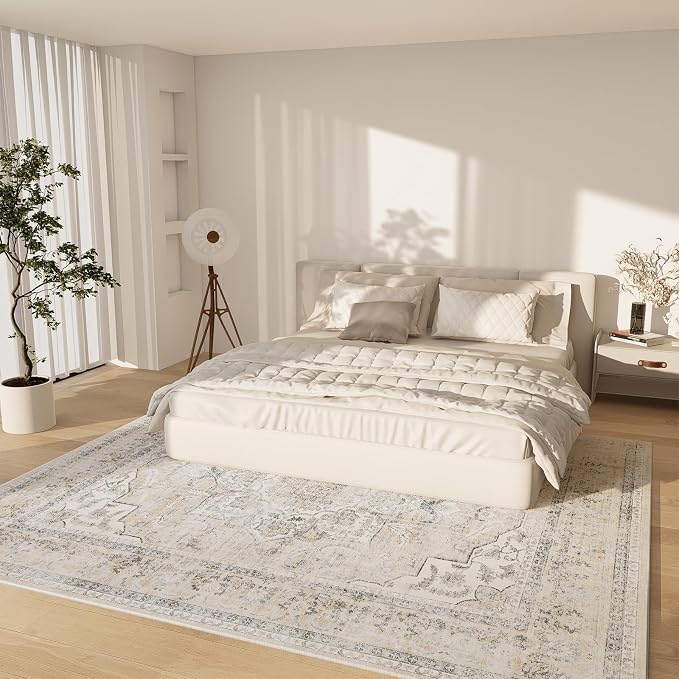5x7 Area Rugs for Living Room: Machine Washable Area Rug Non Slip Low Pile Soft Faux Wool Non Shedding Vintage Boho Rug for Bedroom Entryway Dining Room Kitchen Nursery Farmhouse Home Office Indoor