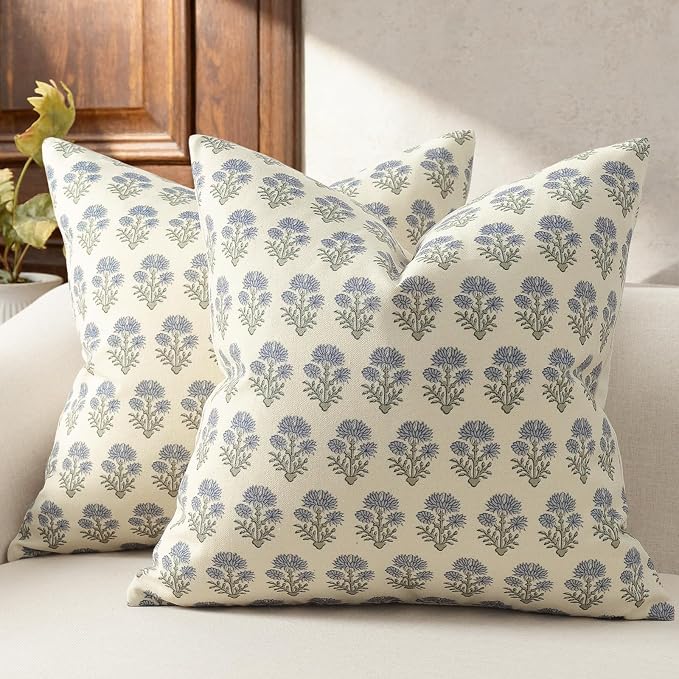 Farmhouse Floral Pillow Covers 24x24 Set of 2, Country Botanical Throw Pillow Cover for Sofa Couch Bed Living Room, Earthic Vintage Flower Cushion Covers Cottage Home Décor,Dusty Blue