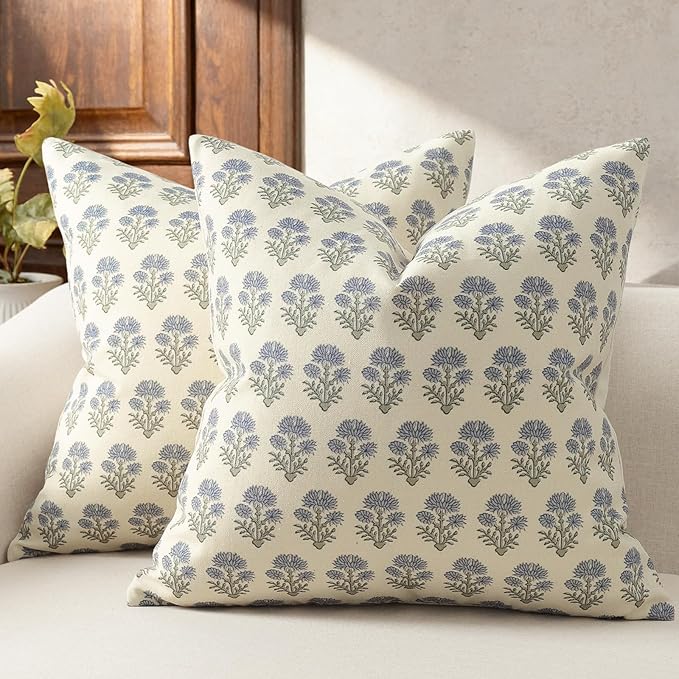 Farmhouse Floral Pillow Covers 18x18 Set of 2, Country Botanical Throw Pillow Cover for Sofa Couch Bed Living Room, Rustic Vintage Flower Cushion Covers Cottage Home Decor,Dusty Blue