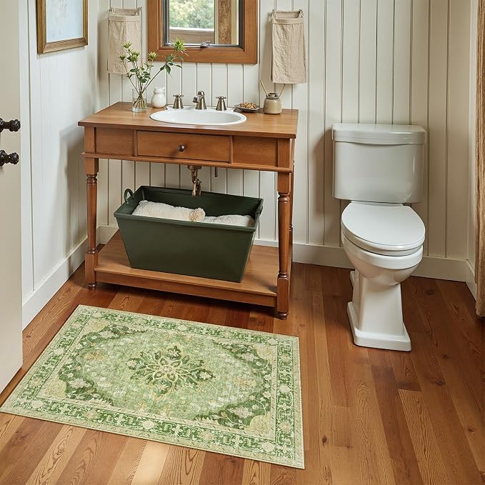 RELEANY Area Rugs Small 2'x3' Washable Non-Slip, Floral Vintage Distress Medallion Carpet for Kitchen Entryway Bathroom, Sage Green Yellow