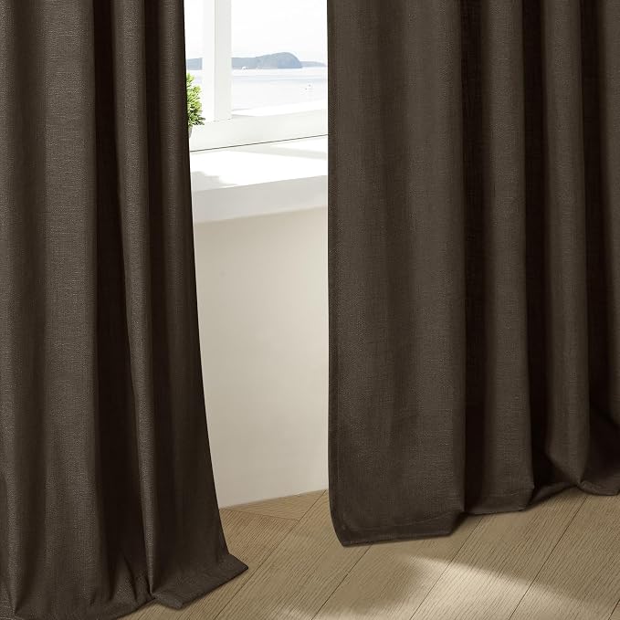 Dark Chocolate Pleated Linen Semi Sheer Curtains 45 Inch Length 2 Panels | for Kitchen Small Bay Window Basement, Pinch Pleated with Hooks Rings Back Tab, Memory Shape, Thick Linen Semi Sheer, W40xL45