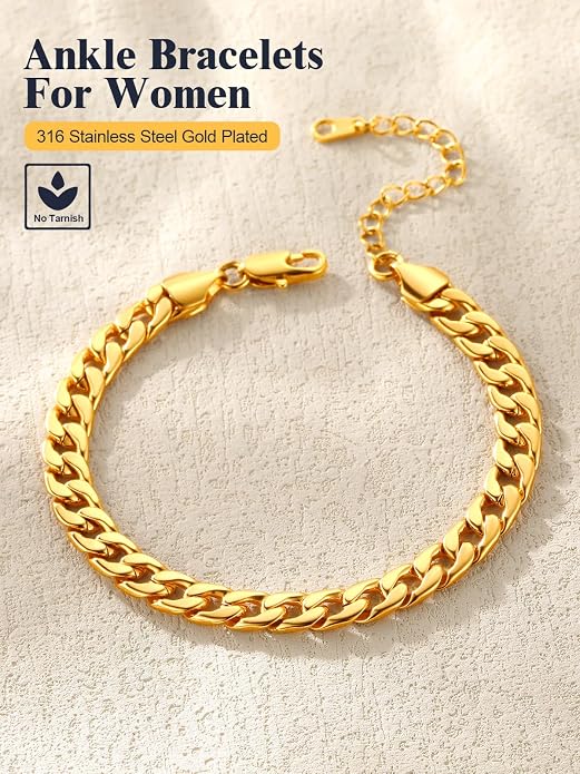 U7 Waterproof Anklets for Women 18K Gold Cuban Chain 8.5"-10.5" with 14K Gold Cuban chain 3Pcs, Barefoot Beach Wedding Gift with Velvet Pouch