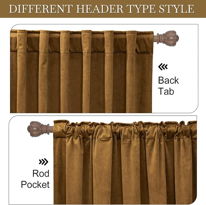 RYB Home Velvet Curtains 108 inches, Soft Durable Drapes Room Darkening Privacy Window Treatment Farmhouse Decor for Living Room Sliding Glass Door, Golden Brown, W52 x L108 inches, Set of 2