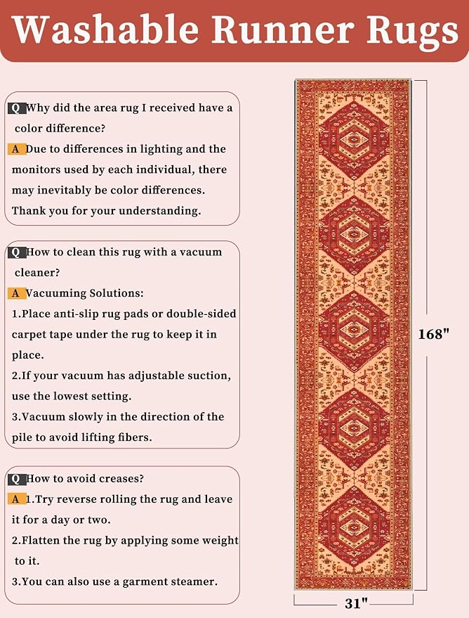 SERISSA Runner Rug for Hallways, 2'6"x14' Washable Non Slip Kitchen Runner Rug, Extra Long Boho Rug Ultra Soft Vintage Red Print Floor Carpet for Bedroom Hallway Entryway Bathroom Laundry Room