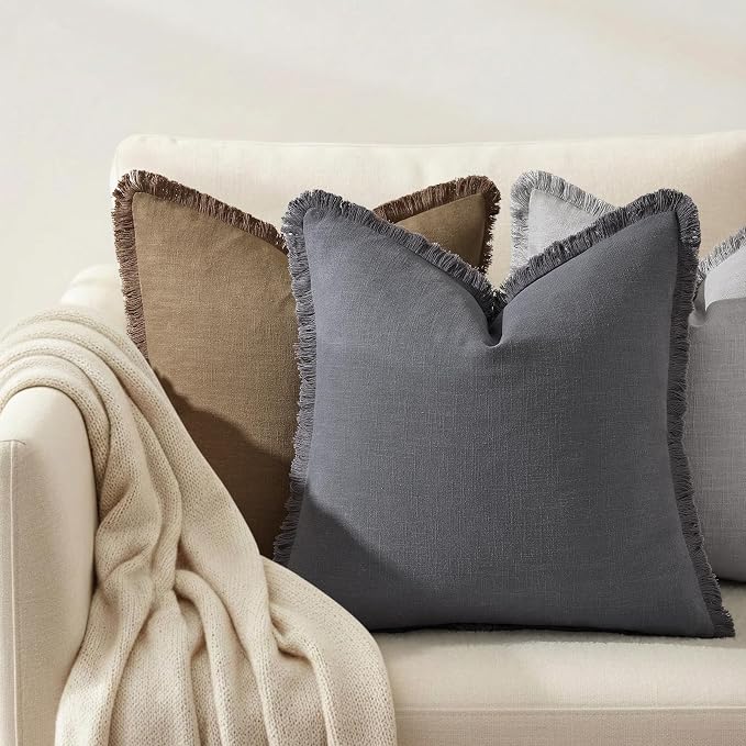 decorUhome Linen Fringe Dark Grey Throw Pillow Covers 26x26 Set of 2 | Euro Sham Decorative Soft Accent Modern Boho Farmhouse Cushion Covers with Tassels Cotton Pillow Covers for Couch Bed Sofa
