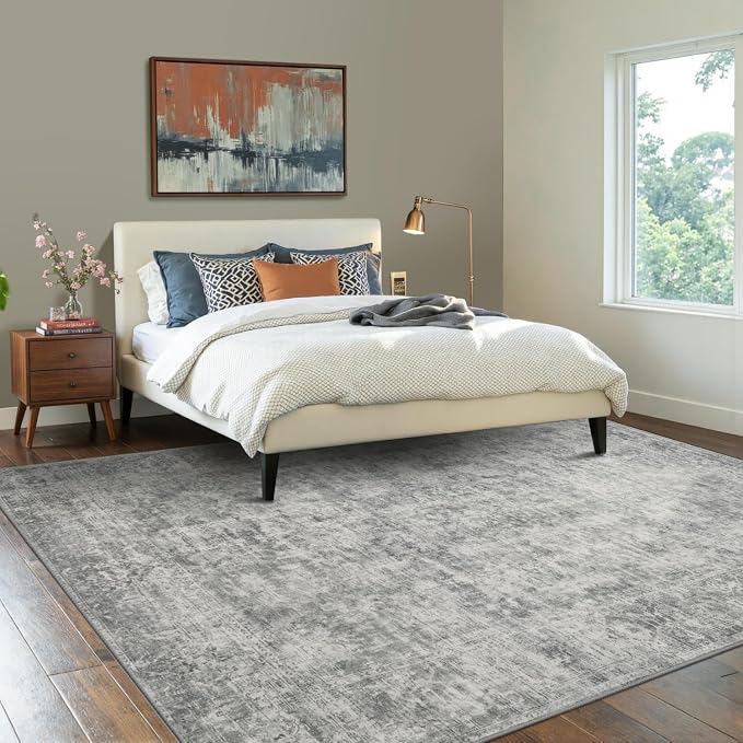 Rugxara Grey 6x9 Area Rugs Washable Rug for Living Room Dining Room Bedroom | Non Slip, Rug for Office Farmhouse Kids Room, Stain Resistant, Soft, Low Pile, Vintage Boho Floral Retro Carpet, Home Decor