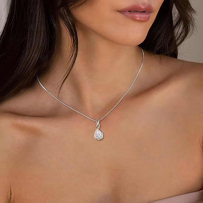Fahonie 925 Sterling Silver Birthstone Necklace for Women,Infinity Teardrop Cubic Zirconia Pendant Necklace Anniversary Birthday Jewelry Gift for Women Wife Friend 18"+2" Chain