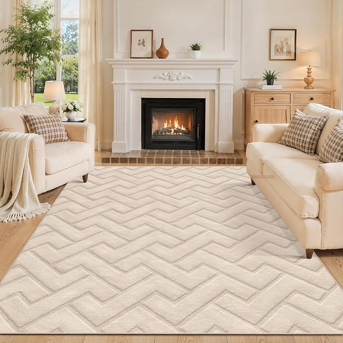Ciicool 5x7 Area Rug for Living Room,Beige Washable High-Low Pile Carpet | Large Modern Textured Soft Fluffy Non Slip Mat Stain Resistant Non Shedding Geometric for Kids Bedside Bedroom Dining Room