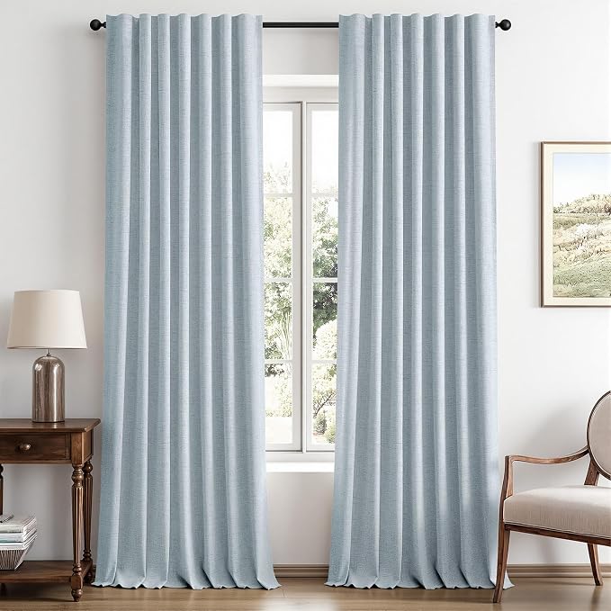 MIULEE 100% Blackout Linen Curtains 42 x 96 Inch Chambray Blue 2 Panels | Thermal Insulated, Room Darkening Drapes for Bedroom Living Room, Back Tab Rod Pocket Pinch Pleated, Solid Luxury Decor