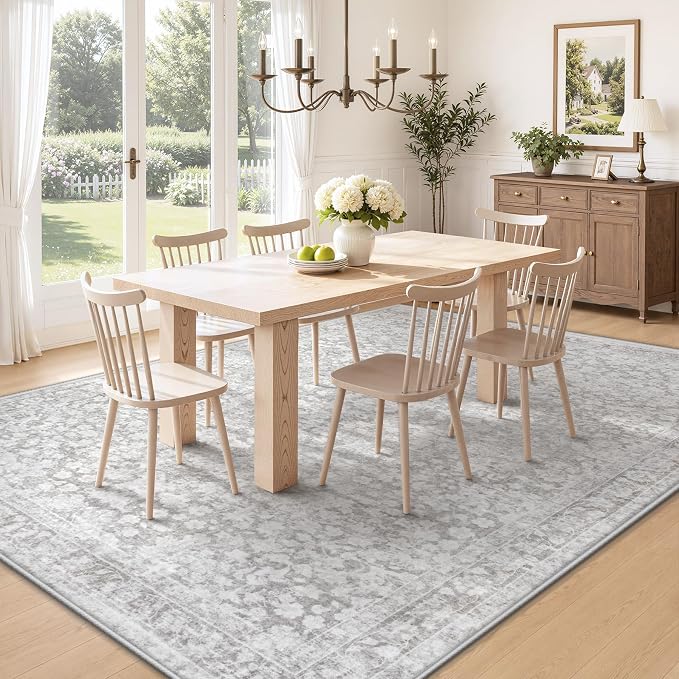 6x9 Area Rugs for Living Room: Boho Vintage Washable Rug Non-Slip Soft Stain Repellent Area Rugs Indoor Low-Pile Carpet for Bedroom Nursery Office Dining Room Playroom Farmhouse (Grey, 6'x9')